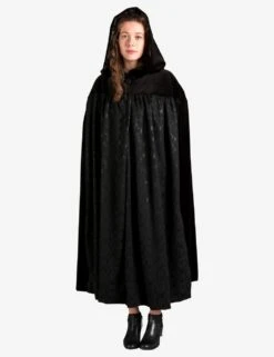 Unisex Black Cloak With Hood In Lace And Velvet