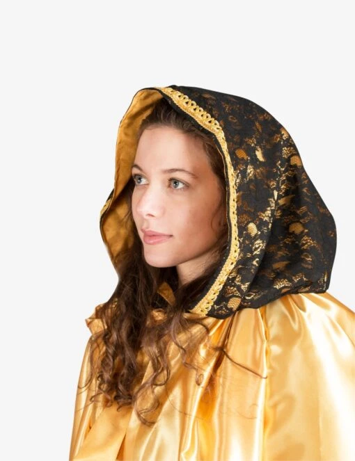 Unisex Cloak In Satin With Hood In Lace - Yellow